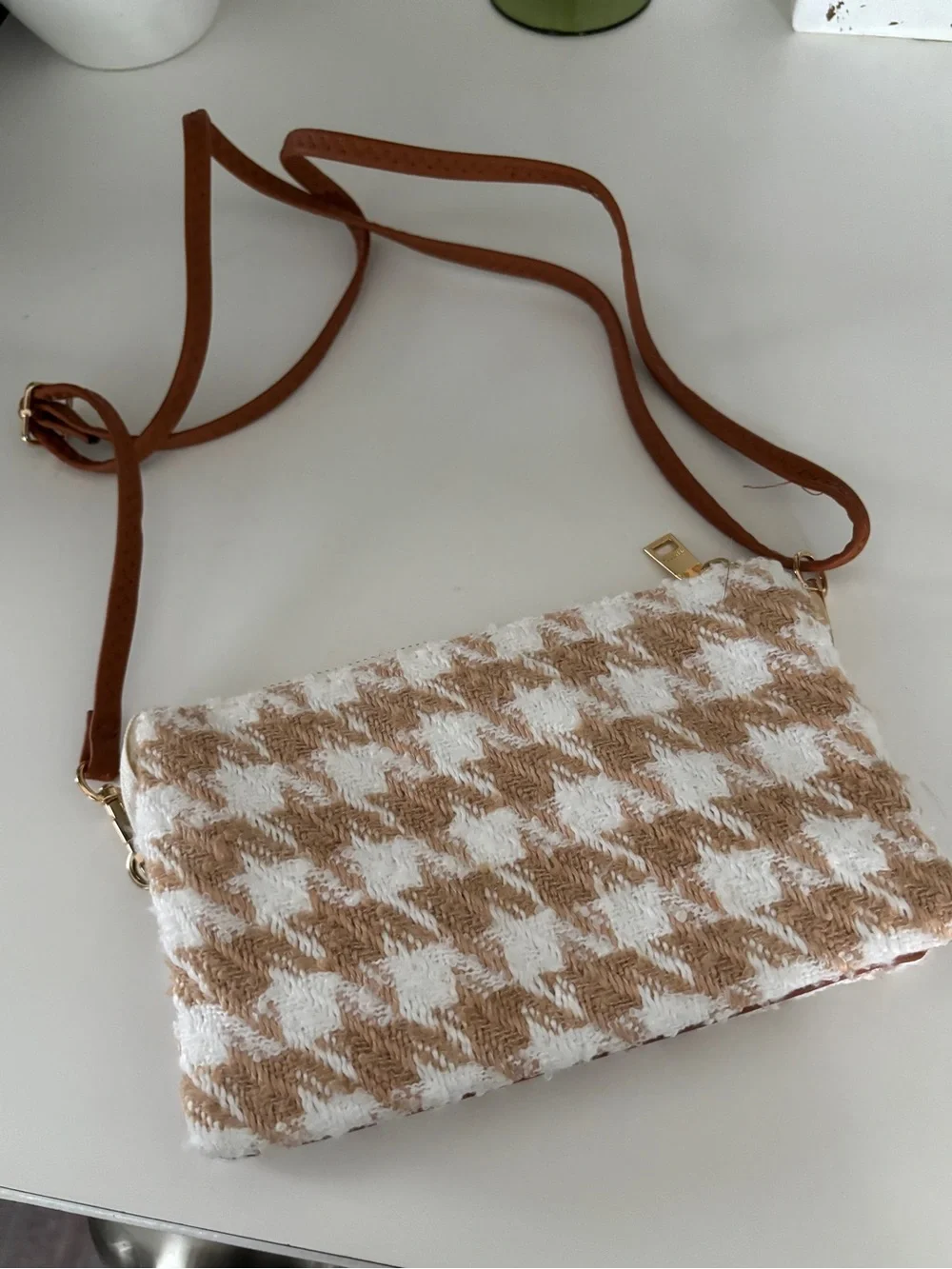 Woven Beige and White Houndstooth Crossbody Bag with Tan Strap